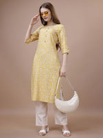 Thumbnail for Ode by House of Pataudi Yellow Floral Printed Round Neck Straight Kurta - Distacart