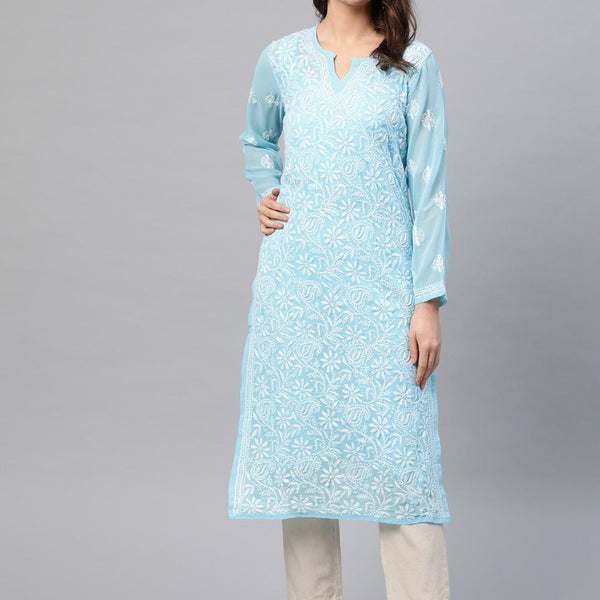 ADA Women Blue & White Chikankari Embroidered Straight Sustainable Handloom Kurta with Inner - Distacart