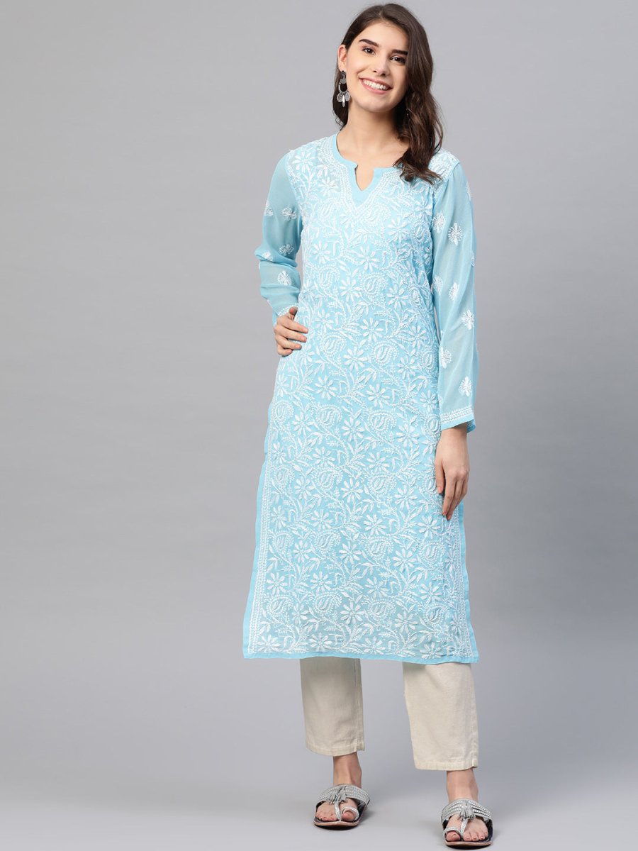 ADA Women Blue & White Chikankari Embroidered Straight Sustainable Handloom Kurta with Inner - Distacart