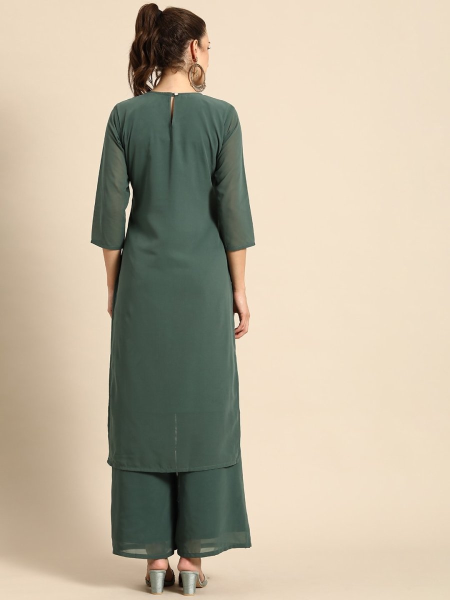 All About You Women Green Ethnic Motifs Embroidered Regular Chikankari Kurta with Palazzos - Distacart