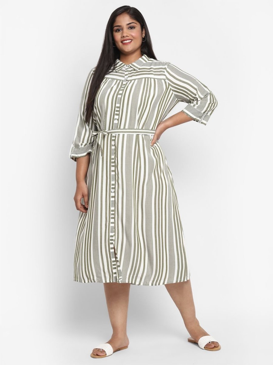 AURELIA Olive Green & White Striped Shirt Midi Dress With Waist Tie Up