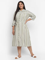 Thumbnail for AURELIA Olive Green & White Striped Shirt Midi Dress With Waist Tie Up