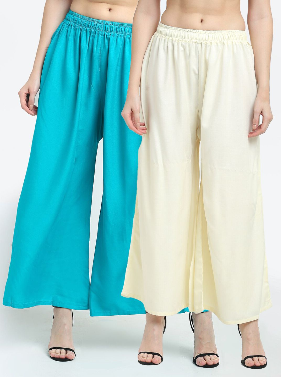 TAG 7 Women Pack Of 2 Cream-Coloured & Turquoise Blue Flared Ethnic Palazzos - Distacart