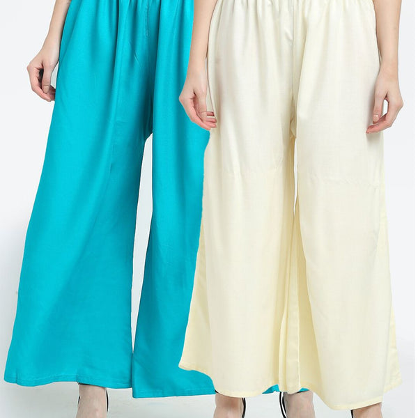TAG 7 Women Pack Of 2 Cream-Coloured & Turquoise Blue Flared Ethnic Palazzos - Distacart