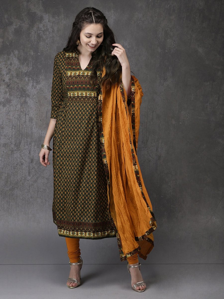 Anouk Women Olive Green & Mustard Brown Printed Kurta with Churidar & Dupatta - Distacart