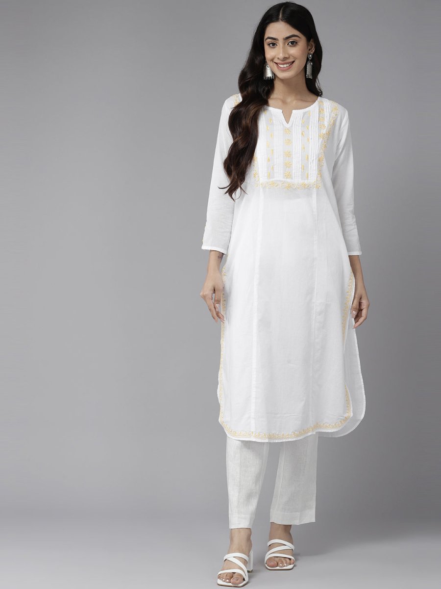 ADA Ethnic Motifs Chikankari Embroidered Cotton Kurta - Distacart