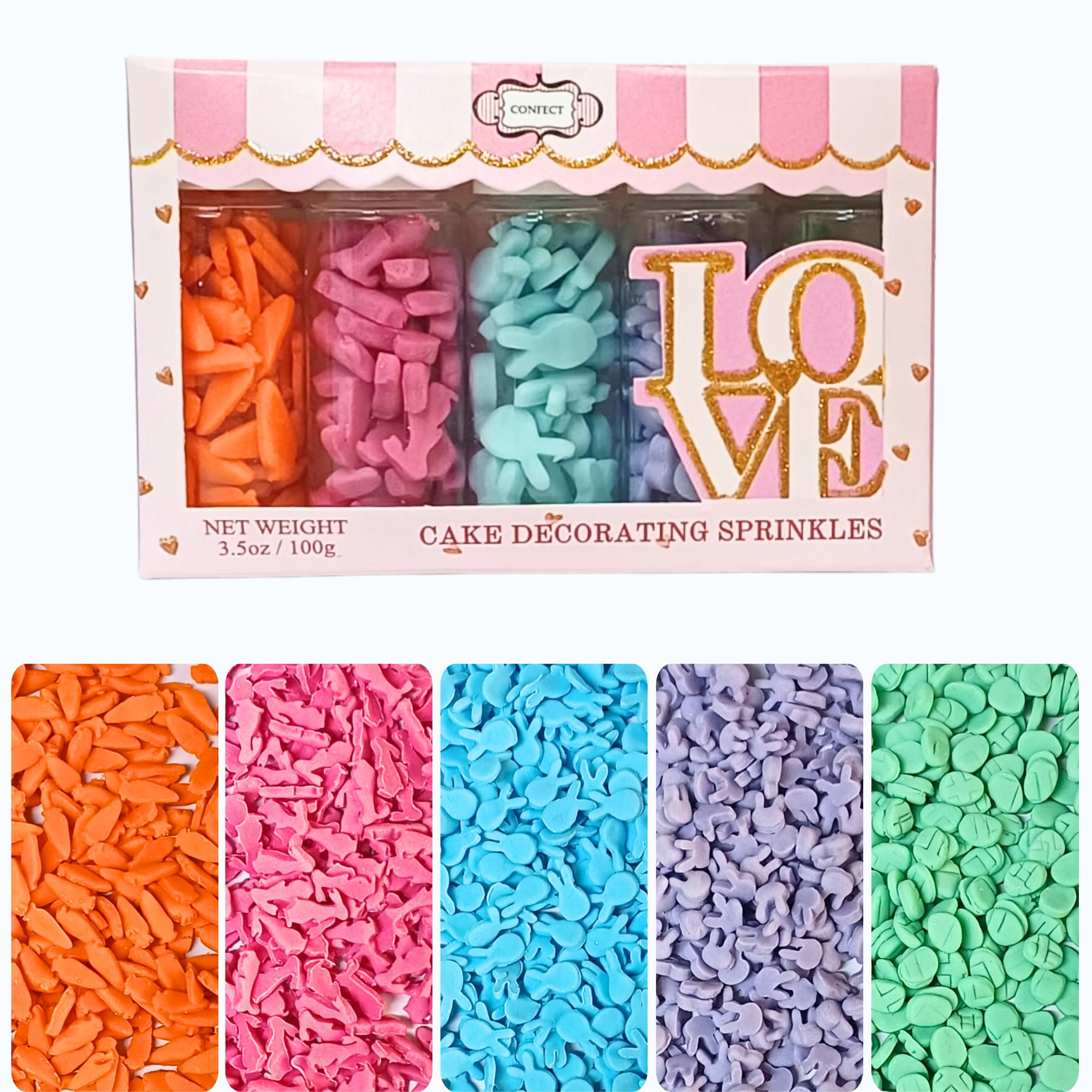 confect bunny sprinkles orange silver and sky blue red sprinkles pack of 5 100gms