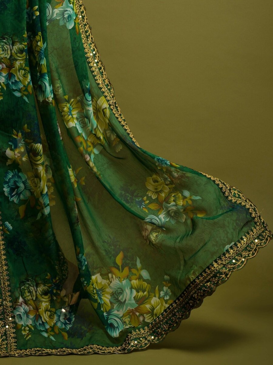 Anouk Green & Blue Floral Printed Embroidered Pure Georgette Saree - Distacart