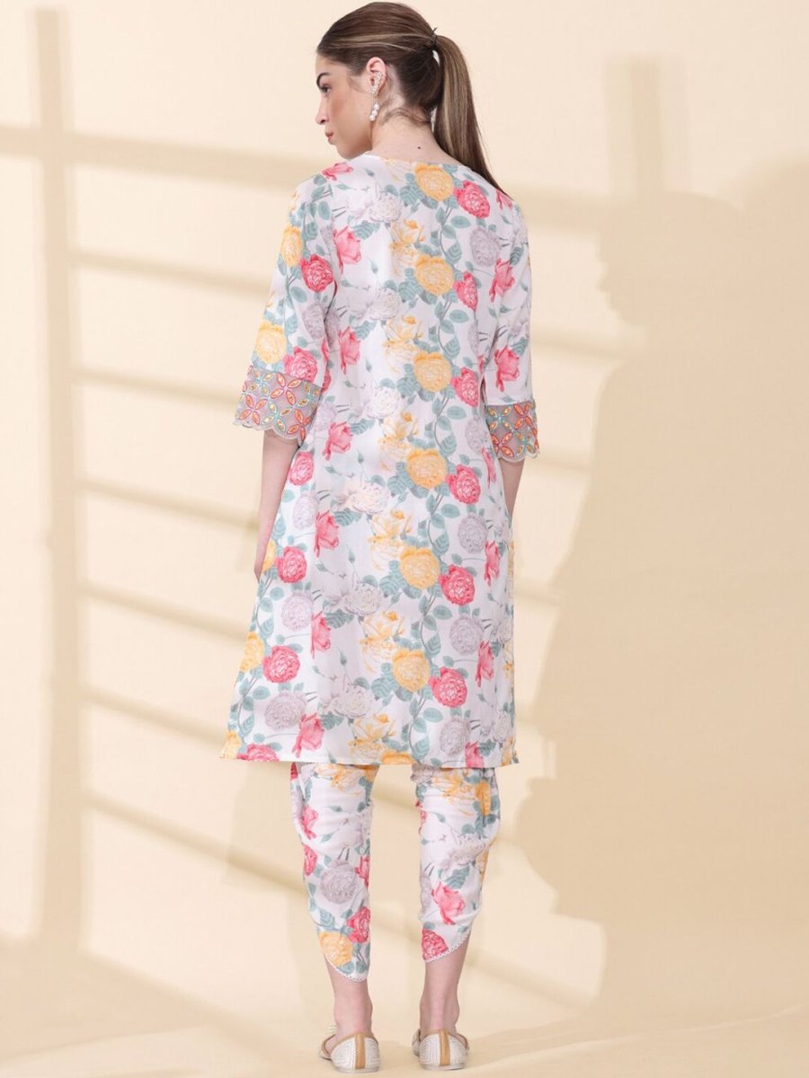 Anouk Floral Printed Thread Work V-Neck Kurta With Dhoti Pants & Dupatta