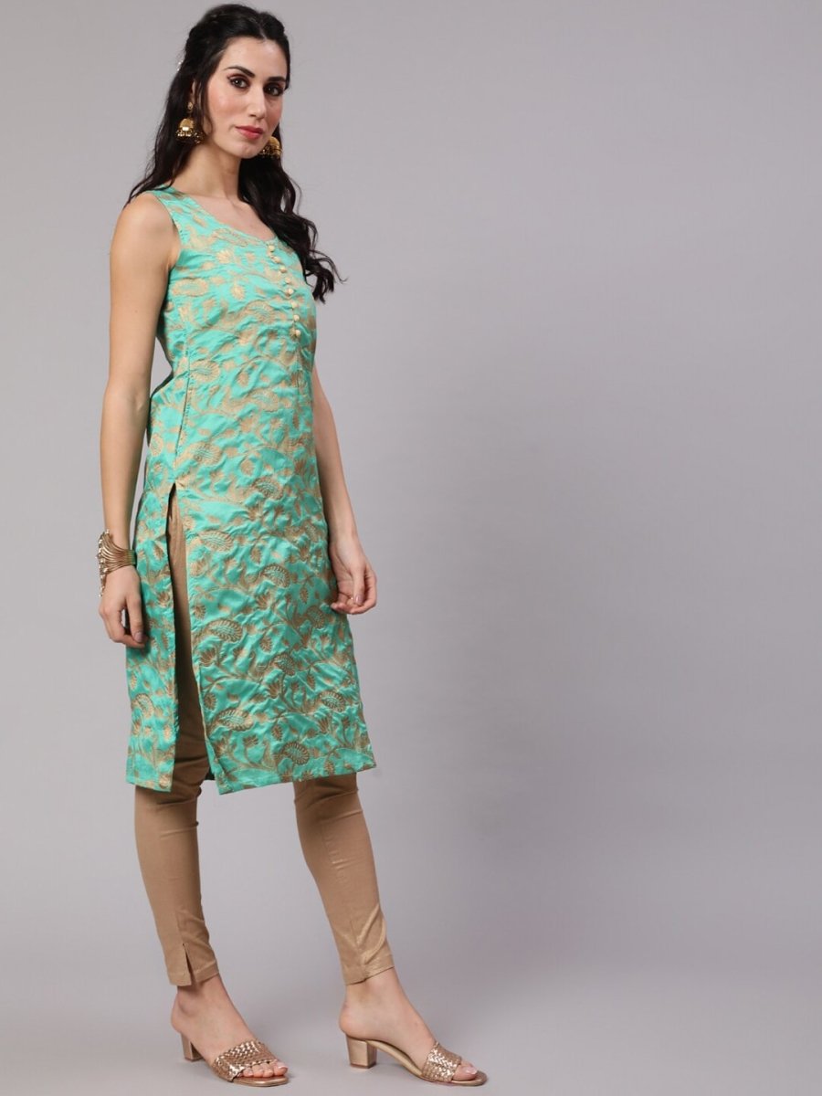 Aks Woven Design Round Neck Straight Kurta - Distacart