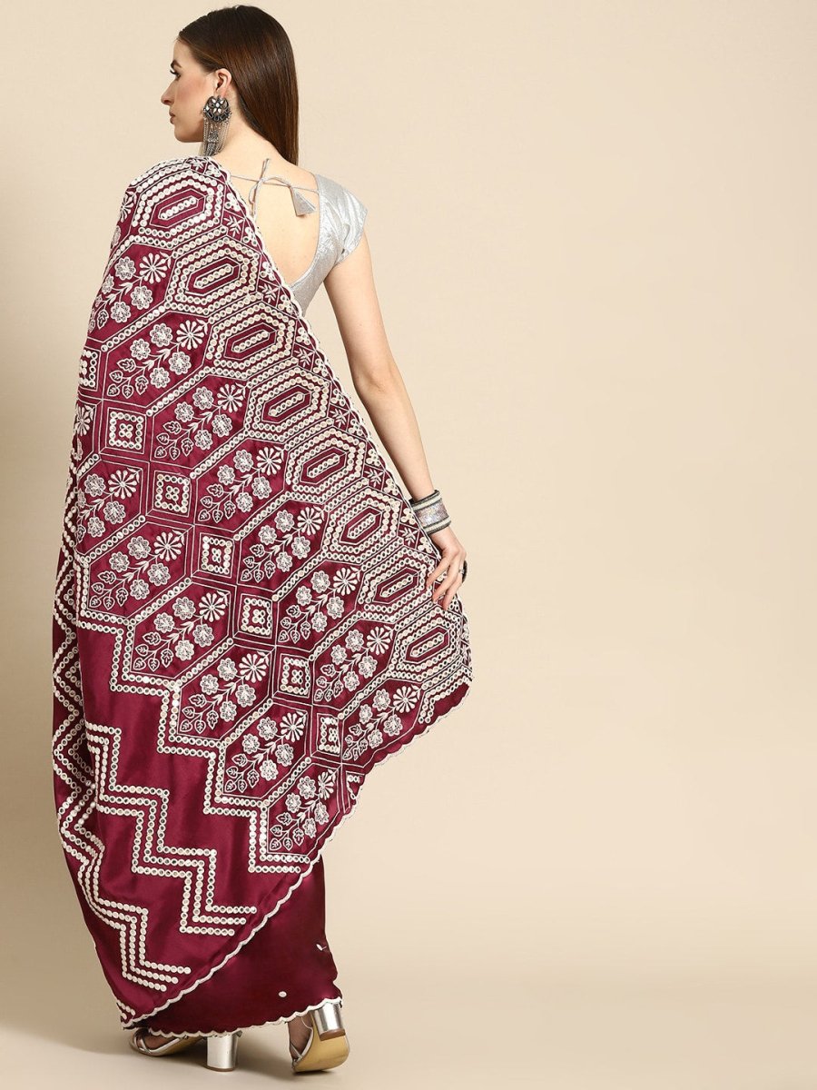 Anouk Burgundy Ethnic Motifs Mirror Work Satin Saree - Distacart