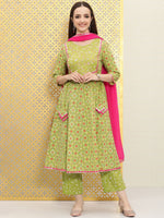Thumbnail for Ode by House of Pataudi Women Green Ethnic Motifs Printed Panelled Pure Cotton Kurta with Trousers & With - Distacart
