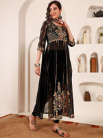Thumbnail for Sangria Black Ethnic Motifs Embroidered Round Neck Georgette Straight Kurta With Dupatta
