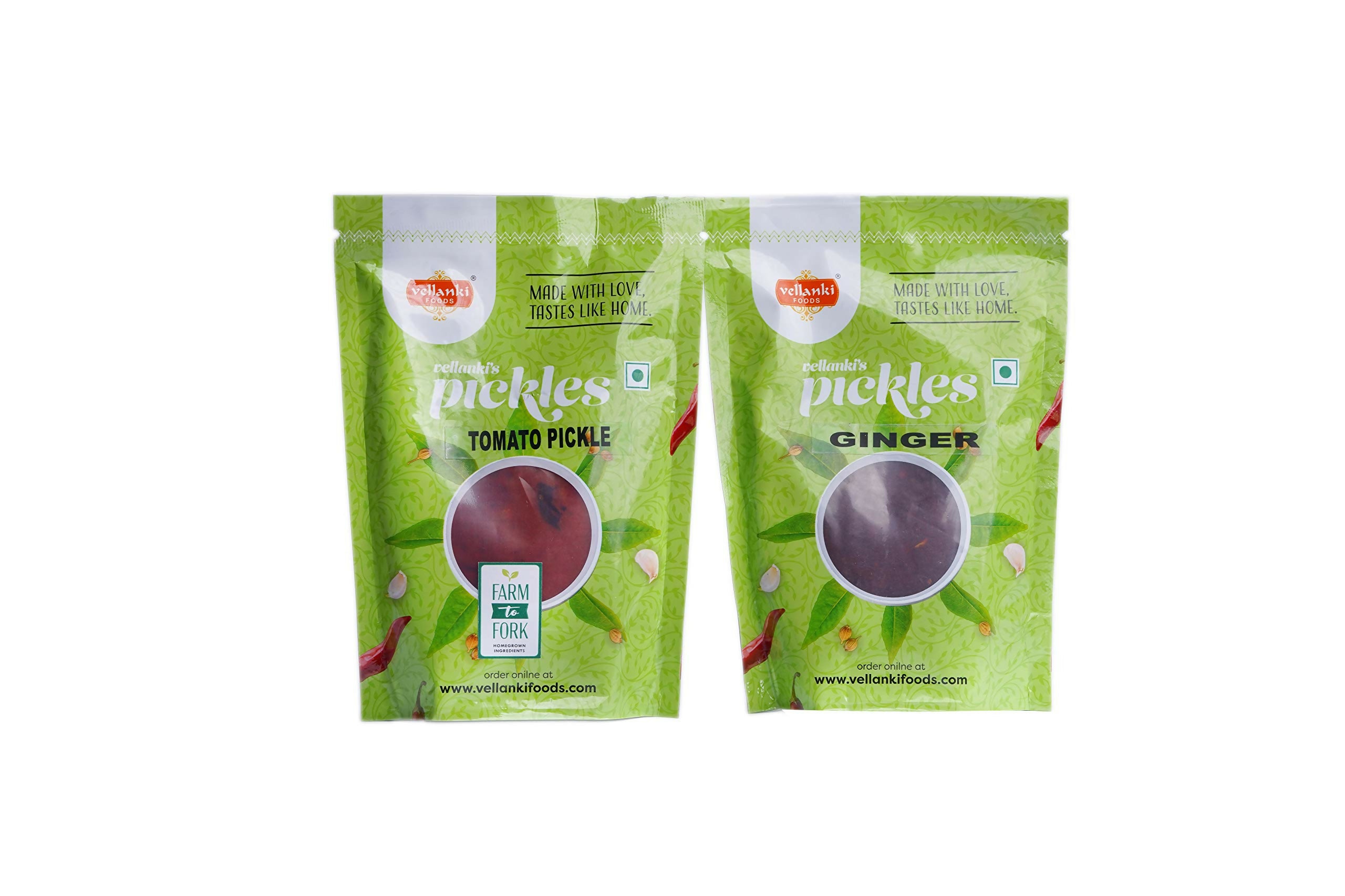 Vellanki Foods Andhra Pickles Combo Pack (250 gm Each) - Ginger Pickle,Tomato Pickle - Distacart