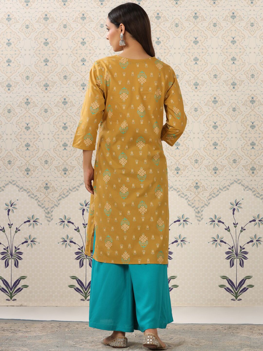 Ode by House of Pataudi Mustard Yellow & Teal Printed Pure Cotton Kurta with Palazzos - Distacart