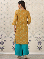 Thumbnail for Ode by House of Pataudi Mustard Yellow & Teal Printed Pure Cotton Kurta with Palazzos - Distacart
