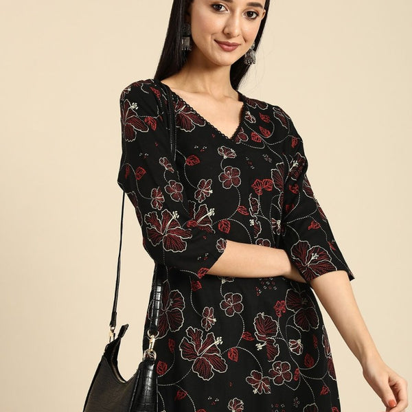 Anouk Women Floral Printed V Neck A-Line Kurta With Lace Detailing - Distacart