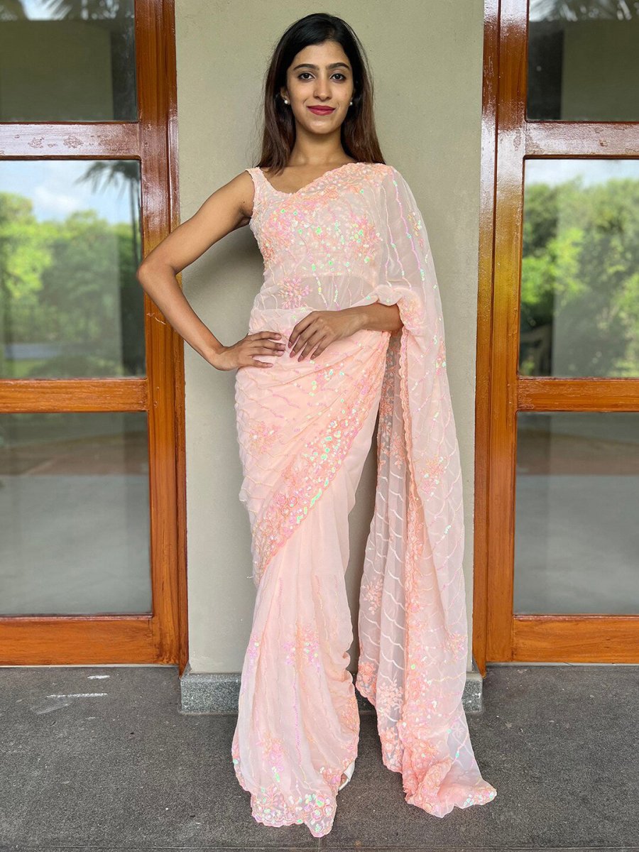 Anouk Peach-Coloured Floral Embellished Sequinned Pure Georgette Saree - Distacart