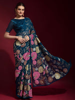 Thumbnail for Anouk Teal Blue & Pink Floral Embroidered Sequinned Pure Georgette Saree - Distacart