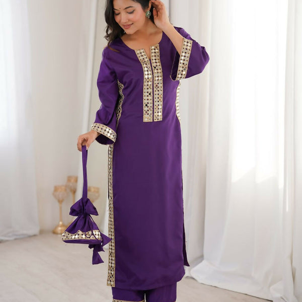 Teeya Creation Womens New Trending Purple Color Natural Crepe With Real Mirror Lace Work Kurta Set - Dista