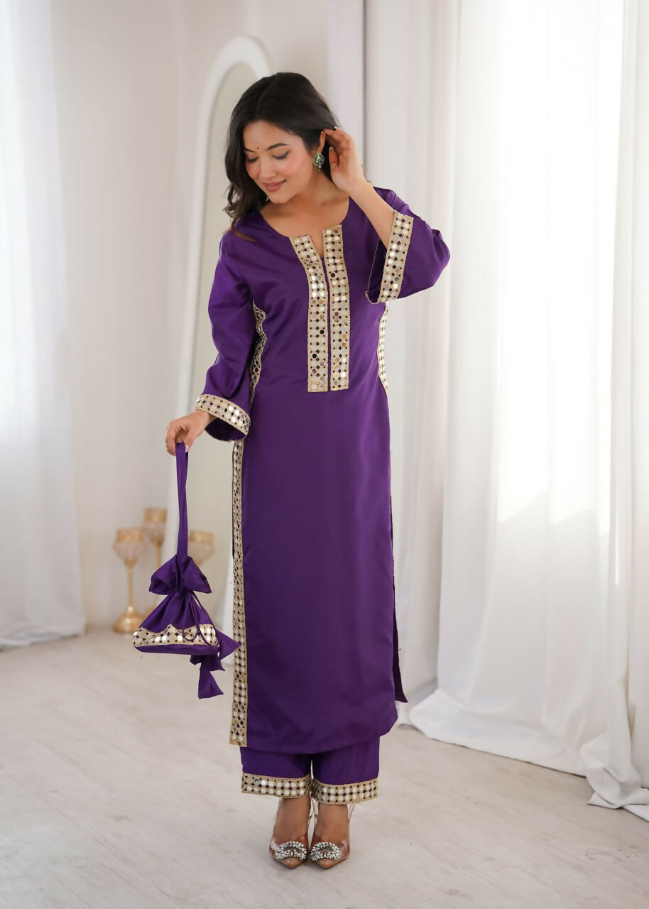 Teeya Creation Womens New Trending Purple Color Natural Crepe With Real Mirror Lace Work Kurta Set - Dista
