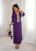Thumbnail for Teeya Creation Womens New Trending Purple Color Natural Crepe With Real Mirror Lace Work Kurta Set - Dista