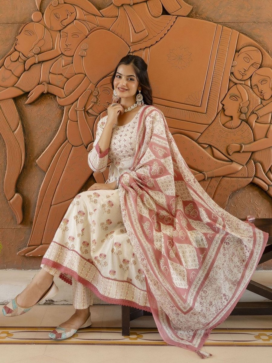 Anouk Women Floral Embroidered Empire Beads and Stones Pure Cotton Kurta with Trousers & With Dupatta - Distacart