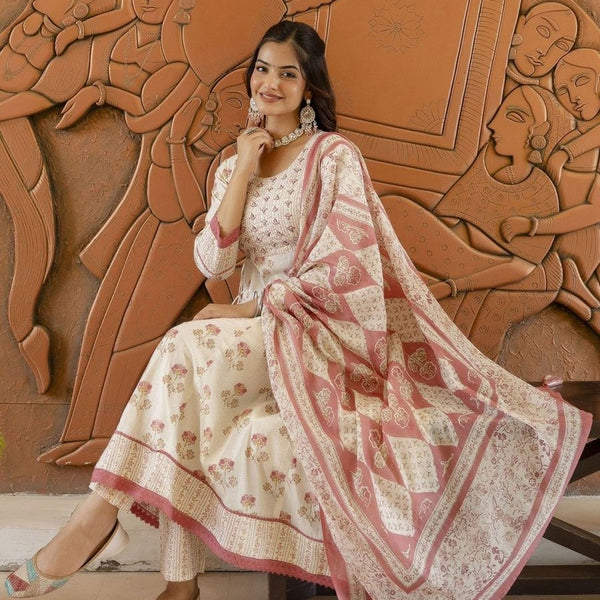 Anouk Women Floral Embroidered Empire Beads and Stones Pure Cotton Kurta with Trousers & With Dupatta - Distacart