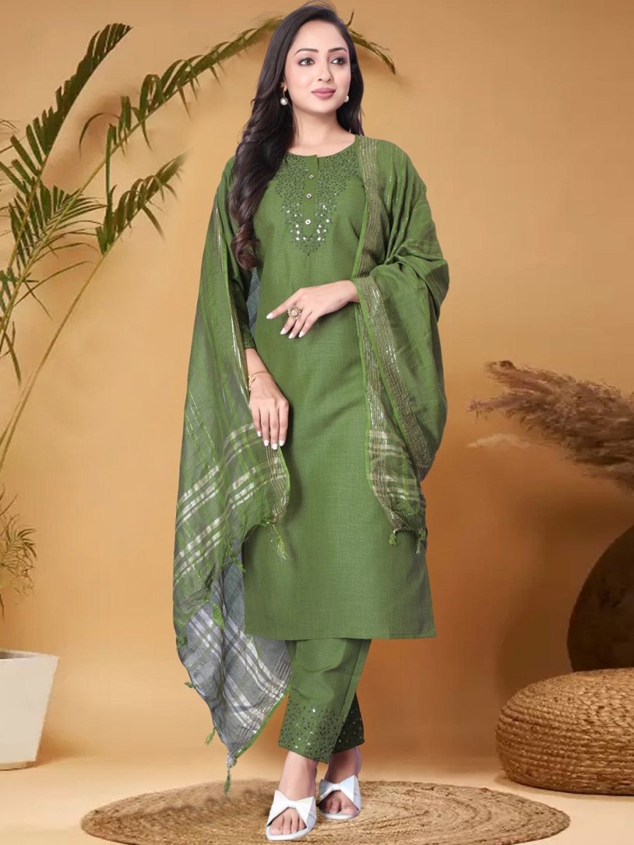 Anouk Green Ethnic Motifs Yoke Design Sequined Straight Kurta with Trouser & Dupatta
