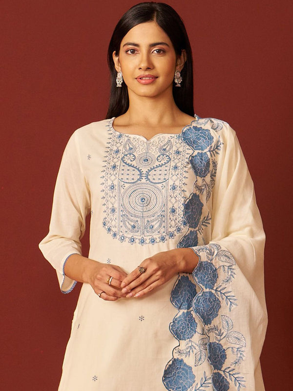 Indo Era Paisley Embroidered Thread Work Pure Cotton Kurta With Trousers And Dupatta