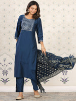 Thumbnail for Ode by House of Pataudi Ethnic Motifs Yoke Design Kurta With Trousers & Dupatta - Distacart
