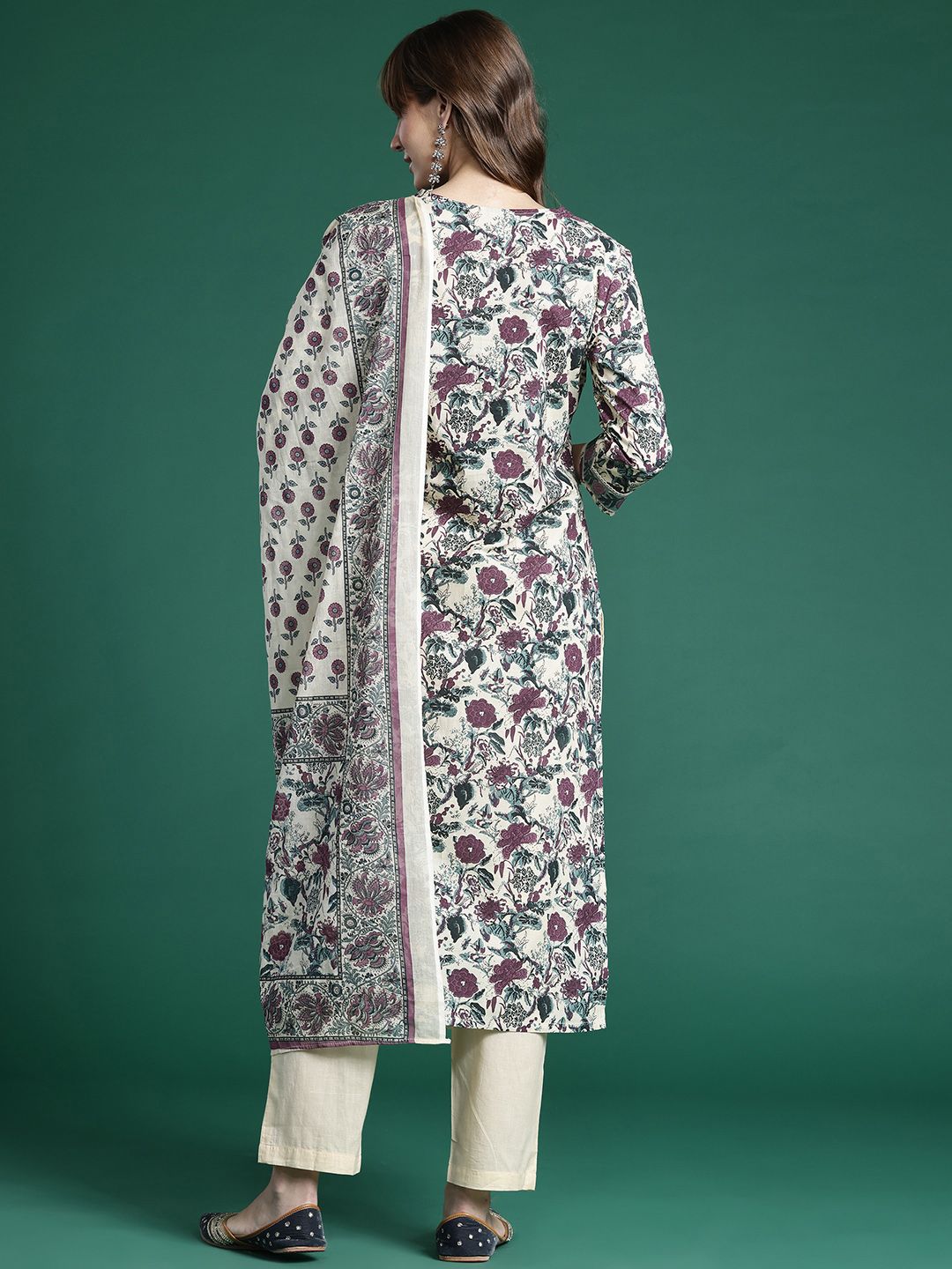 Indo Era Floral Printed Regular Pure Cotton Kurta with Trousers & Dupatta