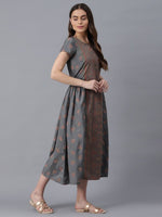 Thumbnail for AURELIA Grey Floral Ethnic A-Line Midi Dress