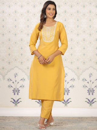 Ode by House of Pataudi Yellow Thread Work Yoke Design Kurta With Trousers - Distacart