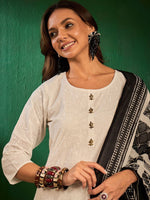 Thumbnail for Sangria Floral Embroidered Pure Cotton Thread Work Kurta with Trousers & Dupatta - Distacart