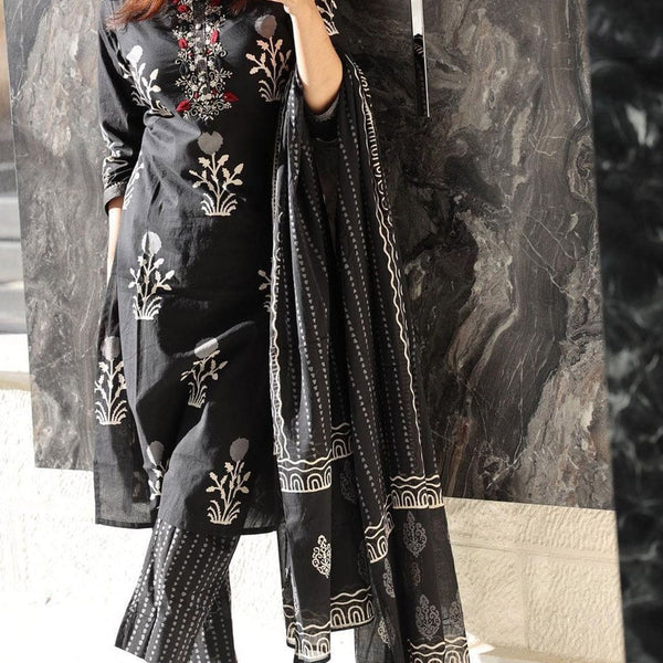 Kalini Floral Printed Regular Thread Work Pure Cotton Kurta With Trousers & Dupatta - Distacart