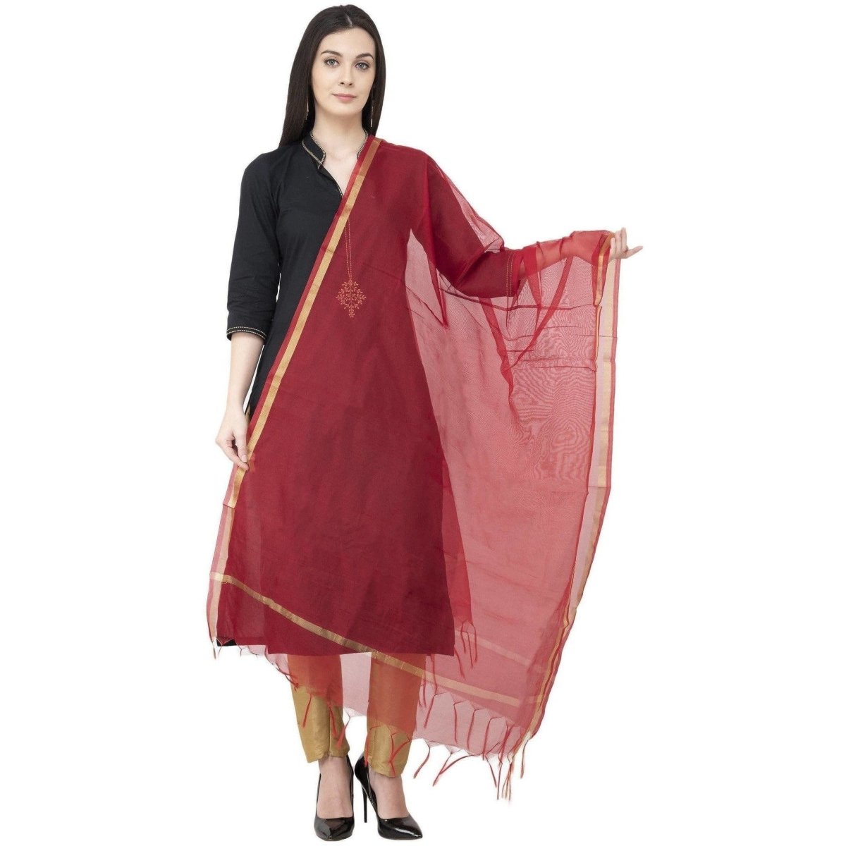 A R SILK Chanderi Piping Regular Dupatta Mehroon Color Dupatta or Chunni