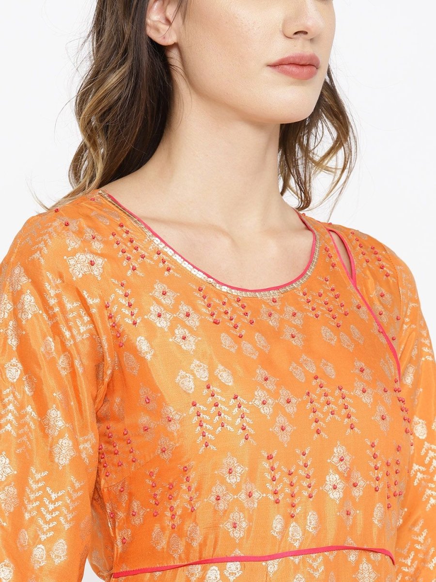 AURELIA Women Orange & Golden Printed A-Line Dress - Distacart