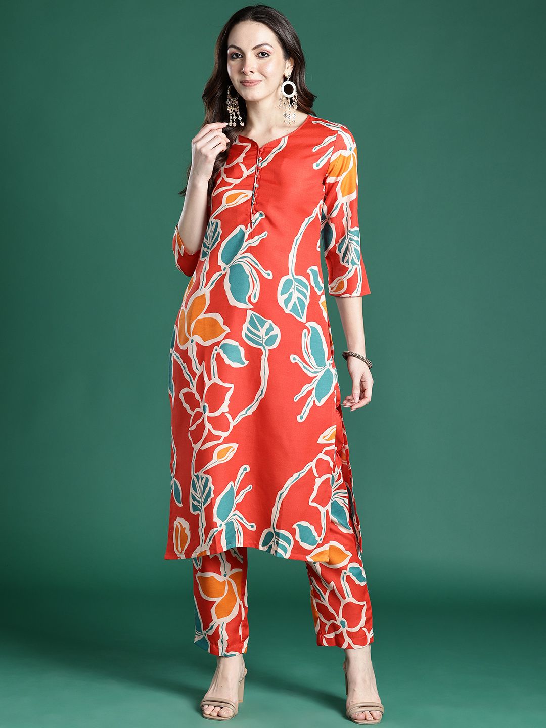 Indo Era Floral Printed Regular Pure Cotton Kurta with Trousers