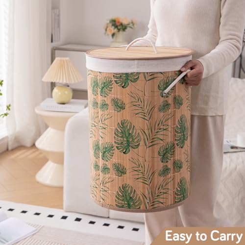 HOKIPO Eco-Friendly Foldable Bamboo Laundry Basket Hamper with Lid - Tropical Leaves - Dista
