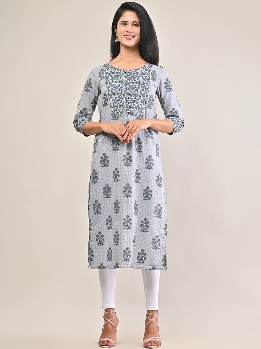 Swasti Women Grey Floral Printed Floral Cotton Kurta - Distacart