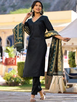Thumbnail for Vishudh Green & Gold Toned Embellished V Neck Straight Kurta & Palazzos With Dupatta