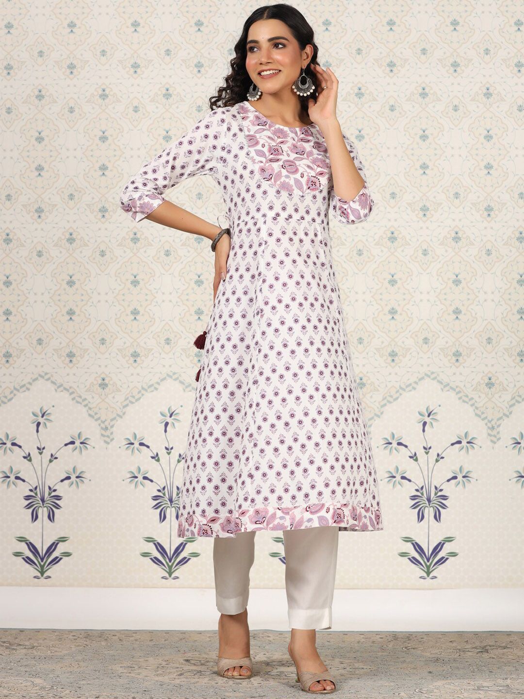Ode by House of Pataudi White Floral Printed Pure Cotton A-Line Kurta - Distacart
