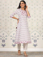 Thumbnail for Ode by House of Pataudi White Floral Printed Pure Cotton A-Line Kurta - Distacart