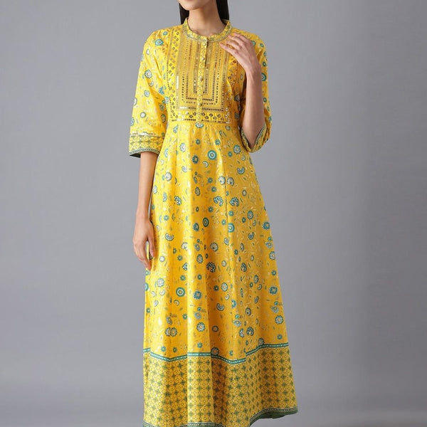 AURELIA Yellow & Green Ethnic Motifs Pure Cotton Maxi Dress - Distacart