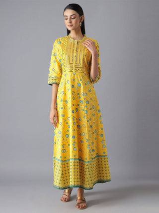 AURELIA Yellow & Green Ethnic Motifs Pure Cotton Maxi Dress - Distacart