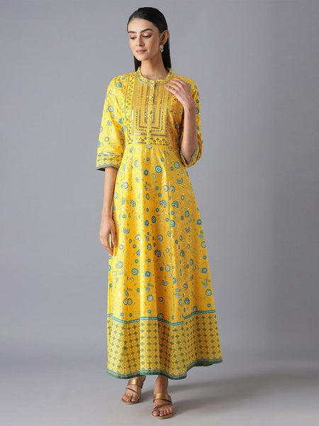 AURELIA Yellow & Green Ethnic Motifs Pure Cotton Maxi Dress - Distacart