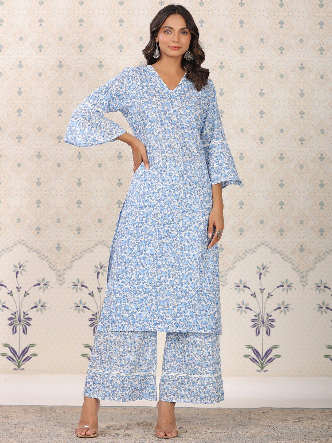 Ode by House of Pataudi Floral Printed Bell Sleeves Pure Cotton Kurta With Palazzos - Distacart