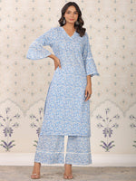 Thumbnail for Ode by House of Pataudi Floral Printed Bell Sleeves Pure Cotton Kurta With Palazzos - Distacart