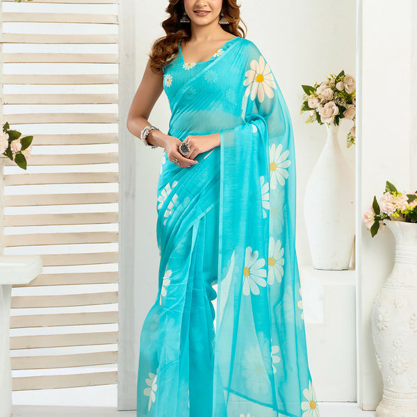 Vastranavya Sky Blue Digital Printed Linen Ready To Wear Designer Saree with Unstitched Blouse - Distacart